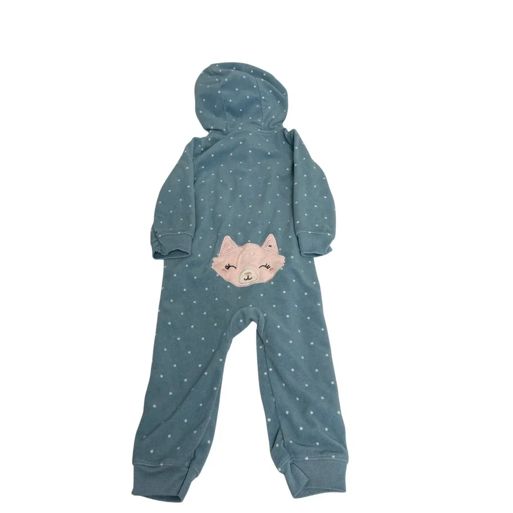 Carters Baby Girl 18M Blue Polka Dot Fleece Hooded Jumpsuit Romper Cat Back Zip